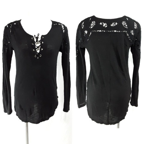 Free People Jennie Tee Black Crochet Trim Lace Up Long Sleeve Top Small Boho - Picture 2 of 10